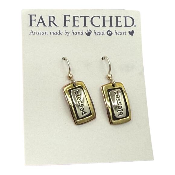 Far Fetched Blessed Dangle Earrings Rectangle Artisan Crafted Stamped Quote - Picture 4 of 6